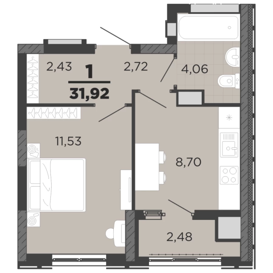 1-ая квартира площадью 31,92 с потолками высотой 2.7 метров